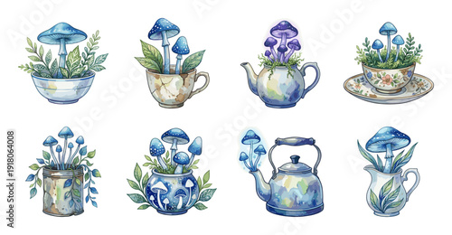 Blue Mushroom Sticker Set in Vintage Teapots