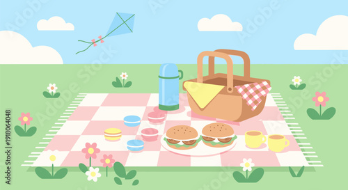 A serene picnic scene with a kite flying overhead on a green field with a pink and white checkered blanket