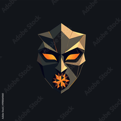 Polygonal mask with glowing eyes and snowflake design concept of T-shirt print  