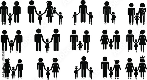 Family Stick Figure Silhouette Set, Fifteen Diverse Parent and Child Pictograms, Minimalist People Icons with One Kid, Family Life Vector Collection