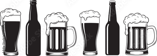 Beer silhouette bottle and glass refreshment mug