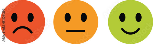 Colorful emotional faces illustration, vector icons showing sad, neutral, happy expressions, simple round emoticons for feedback, mood tracking, psychology, education, communication