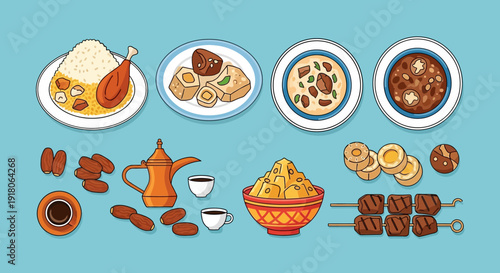 Traditional Middle Eastern Cuisine on Turquoise Background