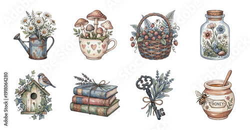 Cottagecore Sticker Set with Vintage Botanical Illustrations