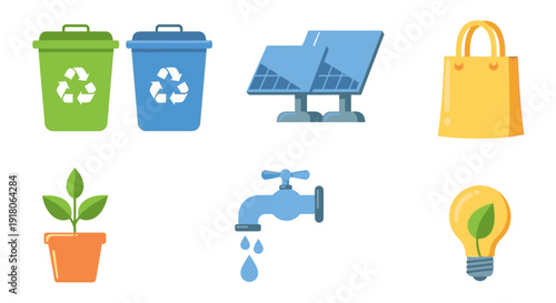 Sustainable practices illustrated with eco-friendly icons, including recycling, solar energy, and conservation, promoting environmentally conscious lifestyle.