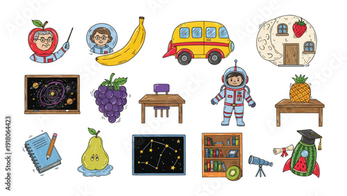 Educational Universe of Icons: A vibrant collection of colorful icons designed for educational and learning resources, illustrating diverse objects, themes, and concepts