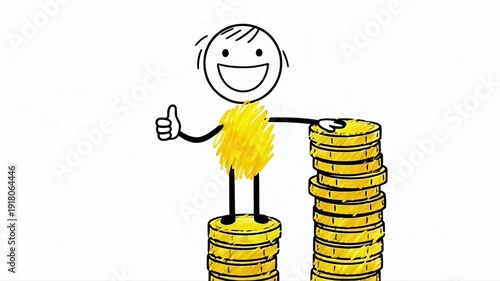 Stick Figure Thumbs Up on Money Coins Wealth Cartoon Illustration, Success Rich Money Stack Animation