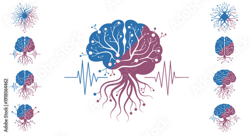 Abstract brain tree illustration with network and pulse line