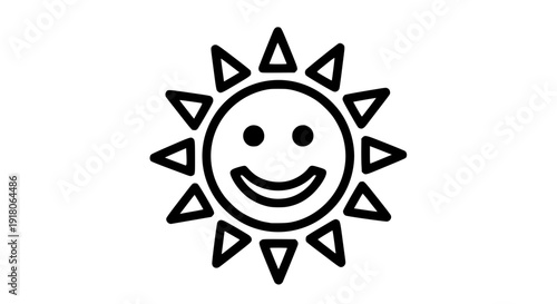 Smiling sun illustration, black and white vector line art, bold clean outlines, minimal flat design, white background, positivity and happiness concept, editable stroke