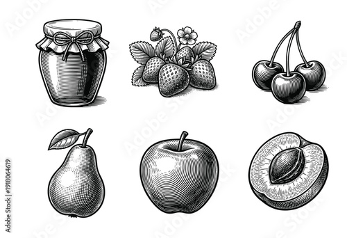 Vintage fruit and preserve collection featuring engraved woodcut illustrations of apples, pears, cherries, strawberries, and jam jar.