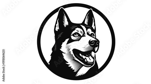 A black and white illustration of a dog's head within a circle, showing detail