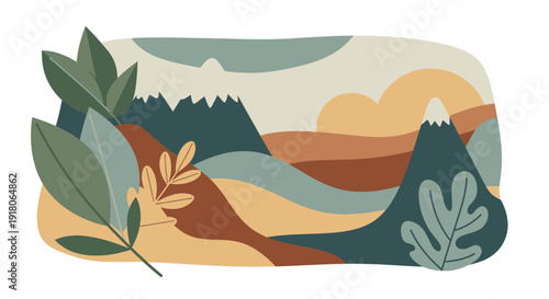 A scenic landscape illustration featuring mountains, leaves, and abstract shapes from a panoramic viewpoint