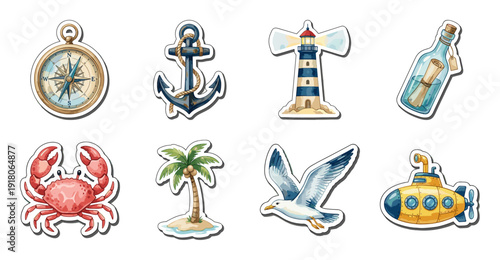 Nautical Sticker Set with Marine Life and Ocean Icons