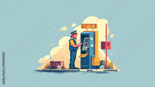 Man in uniform interacts with a blue payment kiosk under a cloudy sky