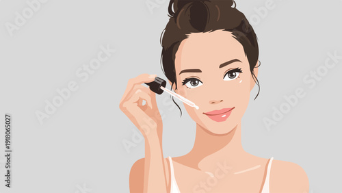 Young woman applying facial serum with a dropper