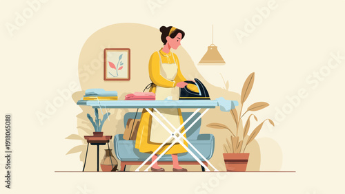 Person ironing clothes on a board in a room with plants and art