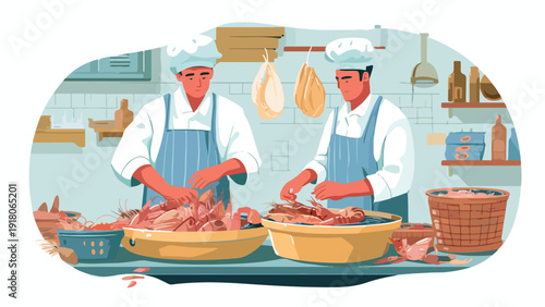 Chefs prepare fresh seafood in a brightly lit kitchen workspace
