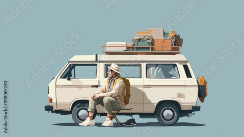Man with hat and sunglasses rests near loaded van for travel