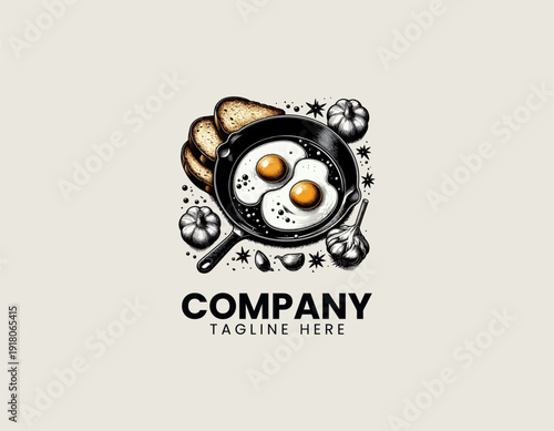fried egg in a black pan with toast and garlic around it black vector logo illustration white background