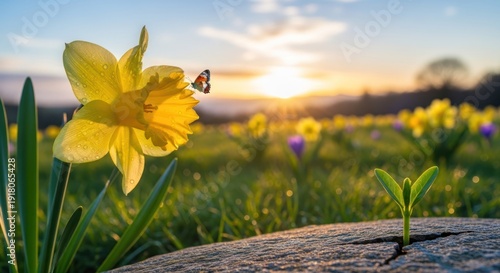 A yellow daffodil with a butterfly on it, set against a blurred background of more daffodils and a sunset.