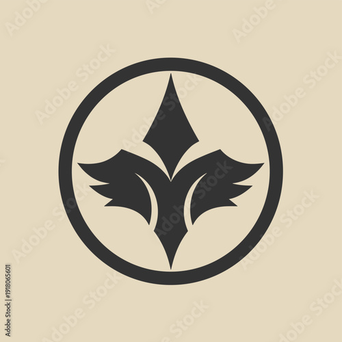 Abstract floral emblem in black and beige for T-shirt print  