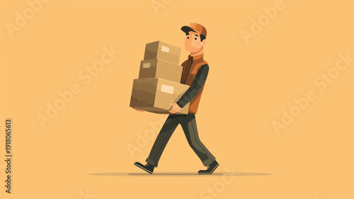 Cartoon delivery person carrying stack of packages with a slight smile