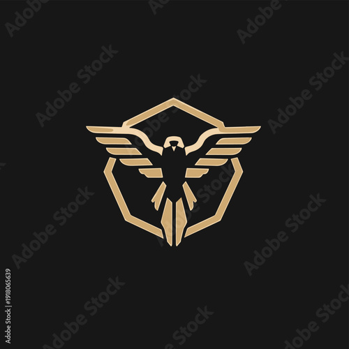 Golden eagle logo design with hexagonal frame on black background  