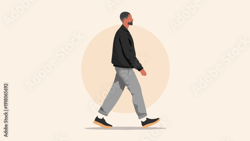 A stylized illustration of a man with a beard walking forward in a black jacket and grey pants