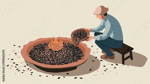 Person roasting beans over open fire in a clay pot
