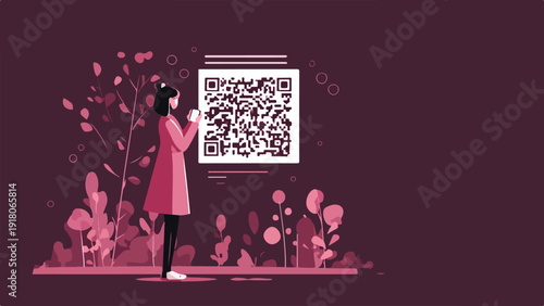 Woman scans QR code in a stylized, abstract botanical setting with pink and purple hues