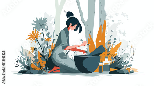 Woman preparing herbal remedies amidst a stylized forest with flowers and plants