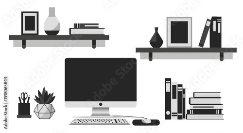 Modern office workspace with computer, bookshelves, and decorative items in monochrome illustration