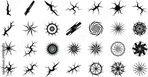 Cracks and shattered effect set, broken glass silhouettes, fracture damage icons, destruction impact graphics, jagged break designs, flat vector illustration