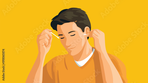 Man cleans his ear with a cotton swab against a bright yellow background