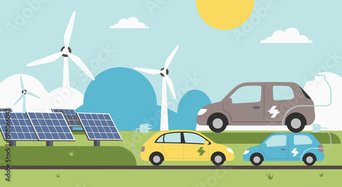 Sustainable Transportation Scene with Electric Vehicles, Renewable Energy, and Eco-Friendly Landscape