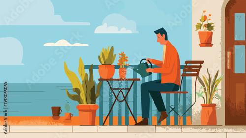 Man watering plants on a balcony overlooking the sea