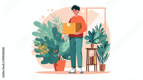 A person holding a package in a room filled with lush plants