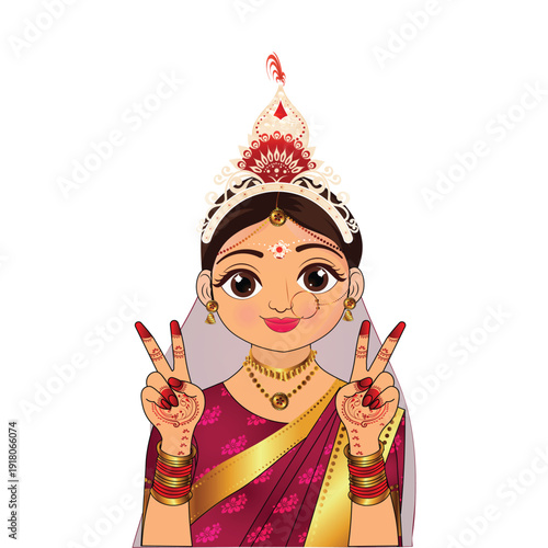 Bengali Wedding Bride Portrait Illustration with Traditional Saree and Mukut, Indian Marriage Vector Art