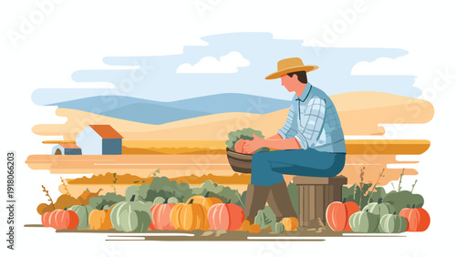 Farmer in straw hat takes break among pumpkins and fields