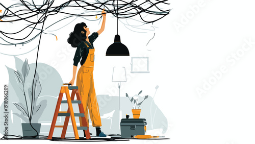 A person on a ladder fixes a tangled mess of wires, with plants, a lamp, and a toolbox nearby