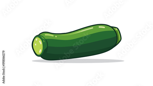 A cartoonish green zucchini, shaded, on a white background, casting a simple shadow