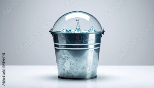 Metallic Bucket Filled with Water and Water Droplet Splashing Inside,Surreal concept