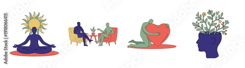 Flat Vector Mental Wellness and Mindfulness Character Element Kit for Psychological Health and Self-Care Concepts