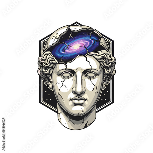 Cracked statue of a man with a galaxy in his head as T-shirt print  
