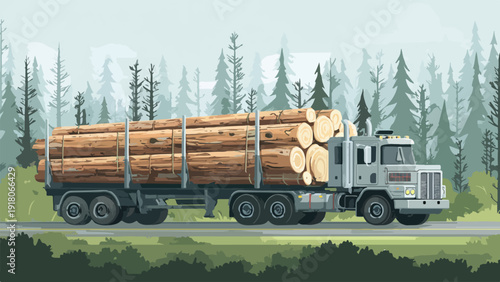 A logging truck transports large timber logs through a misty forest