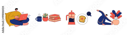 Flat Vector Remote Work and Wellness Graphic Set for Minimalist Lifestyle and Productivity Content