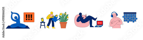 Flat Vector Mental Wellness and Digital Balance Illustration Set for Work Life Integration