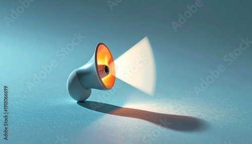 Vibrant Megaphone with Light Beam on Soft Blue Surface Background,Surreal concept