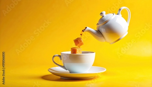 Teapot Pouring Tea into White Cup with Yellow Background,Surreal concept