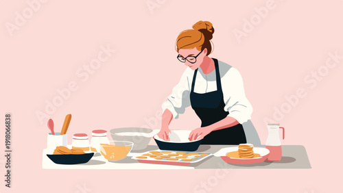 Woman in apron preparing food in a kitchen with ingredients and bowls